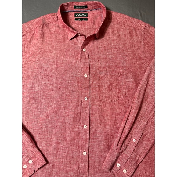 ColorPlus 100% Linen Shirt 2XL Tailored Fit Red Chambray Button Front Casual - Picture 2 of 14